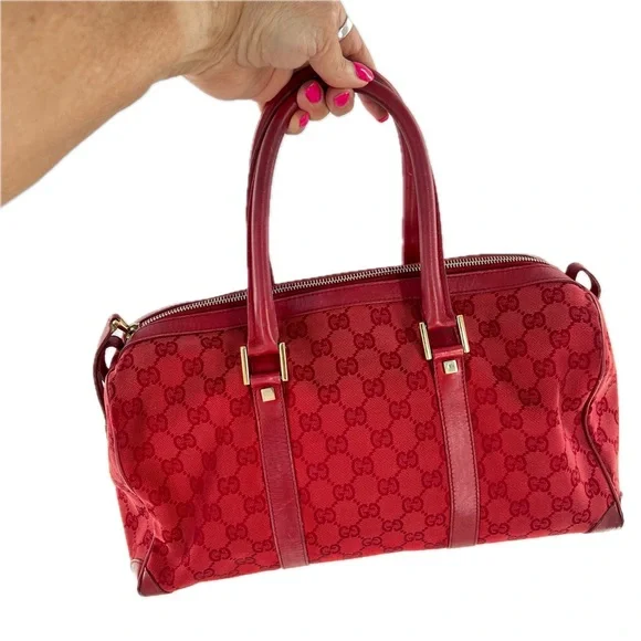 GUCCI GG Canvas Boston Bag, Red Jacquard Fabric, Red Leather Trim, Authentic